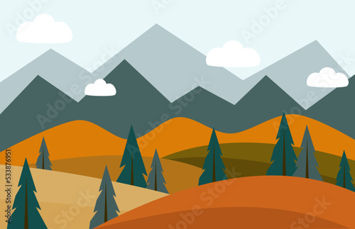 Vector illustration of autumn landscape with mountains view in sunny day. Flat illustration of fall field with pine trees.