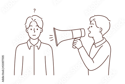Man with megaphone shout at frustrated male 