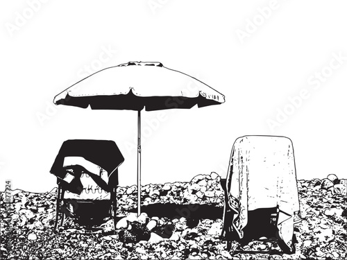 Vettoriale di un ombrellone da spiaggia e due sdraio con teli da mare appoggiati sullo schienale, su una spiaggia con ciottoli photo