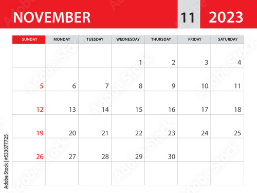 November 2023 template - Calendar 2023 template vector, planner monthly design, Desk calendar 2023, Wall calendar design, Minimal style, advertisement, poster, printing media, horizontal layout photo