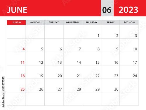 June 2023 template - Calendar 2023 template vector, planner monthly design, Desk calendar 2023, Wall calendar design, Minimal style, advertisement, poster, printing media, horizontal layout photo