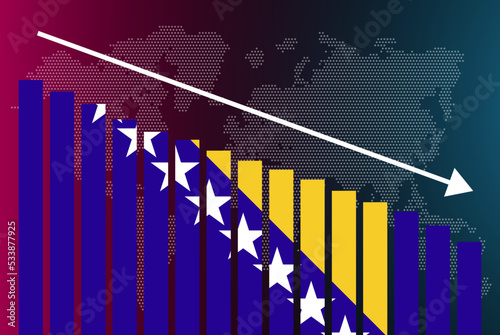 Bosnia and Herzegovina bar chart graph, decreasing values, crisis and downgrade concept, news banner idea, fail and decrease