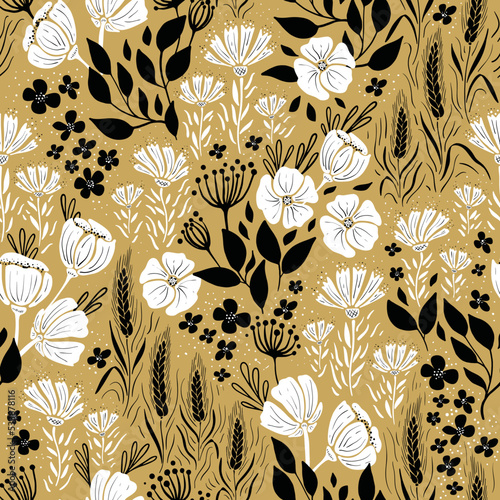 Vector seamless pattern with wild flowers and crop wheat. Golden background, black and white pattern