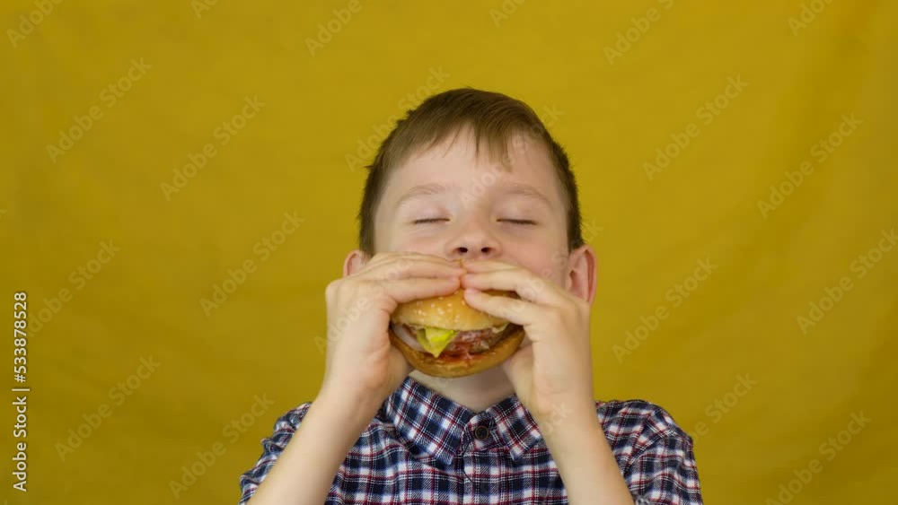 portrait of an attractive caucasian boy 7-9 years old eating a delicious hamburger looking at the camera, studio shooting, yellow background. the boy eats fast food, children eat burgers in a cafe, portrait of an attractive caucasian boy 7-9 years old eating a delicious hamburger looking at the camera, studio shooting, yellow background. the boy eats fast food, children eat burgers in a cafe,