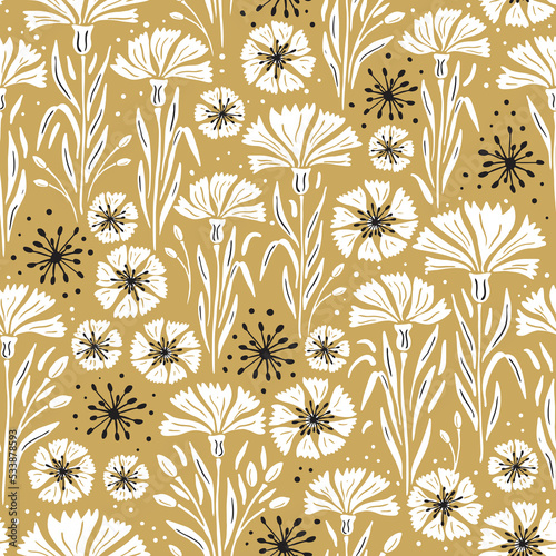 Vector seamless pattern background with hand drawn cornflowers on golden yellow background