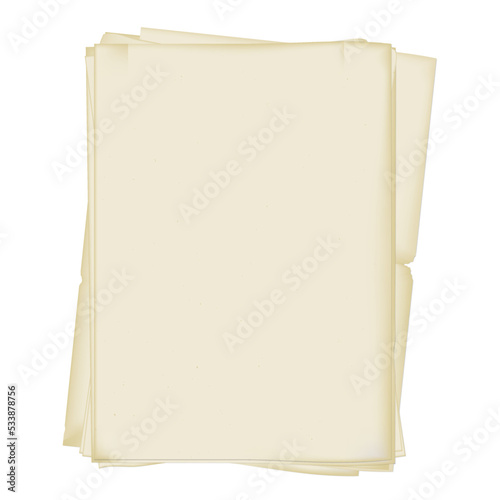 a stack of old yellowed paper with torn edges and bends. isolated on a white background