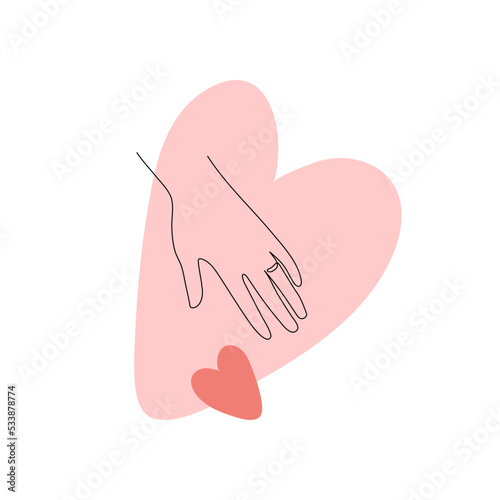 Abstract vector flat one line art illustration. Continous line human hand take heart love symbol silhouette on colorful pink background. Conceptual design for holiday poster, banner