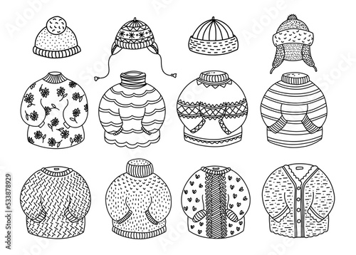 Illustration set winter clothes collection for coloring page