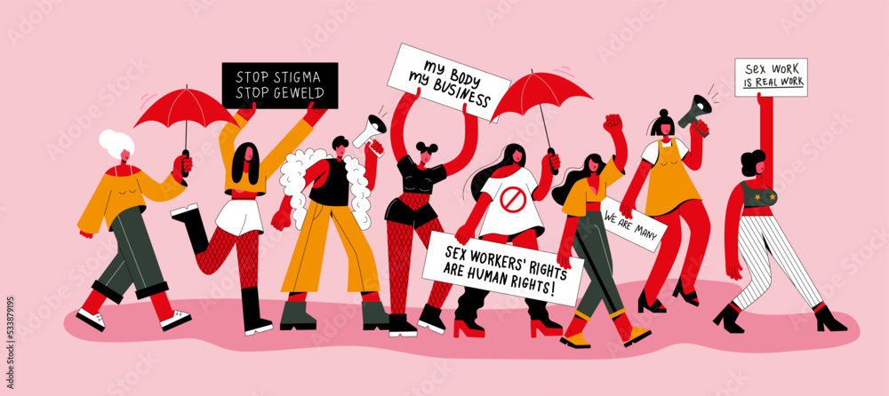 Naklejka premium International Day to End Violence against Sex Workers. People protest with placards, a megaphone and a red umbrella