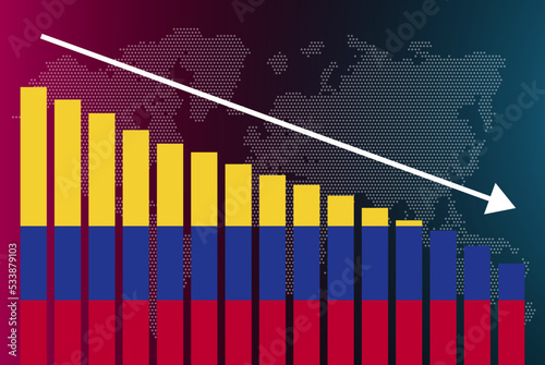 Colombia bar chart graph, decreasing values, crisis and downgrade concept, news banner idea, fail and decrease