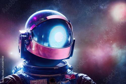 Astronaut in space. astronaut character with neon light helmet. Sci-fi space exploration concept. 3d illustration photo