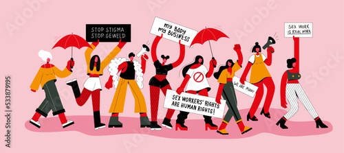 International Day to End Violence against Sex Workers. People protest with placards, a megaphone and a red umbrella