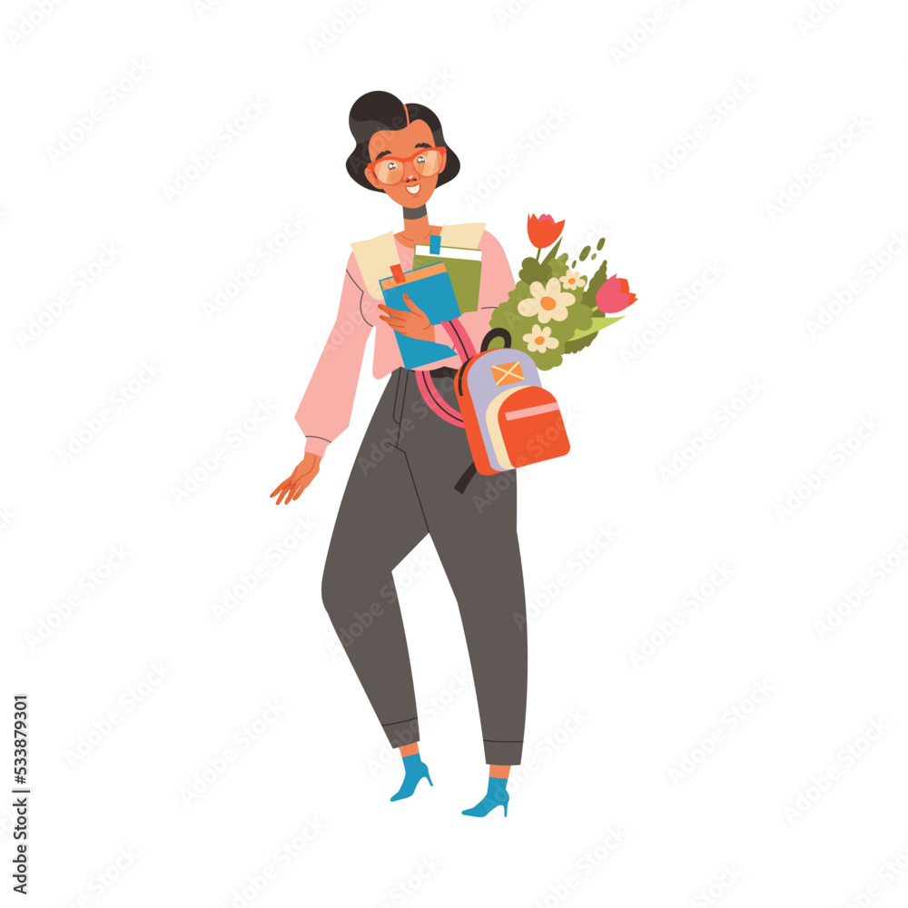 Woman School Teacher or Educator in Glasses Carrying Books and Flower Bouquet Vector Illustration Woman School Teacher or Educator in Glasses Carrying Books and Flower Bouquet Vector Illustration