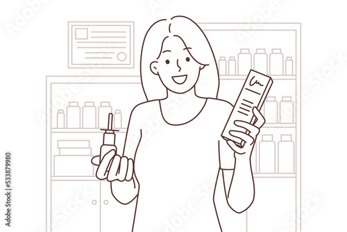 Smiling woman with meds in drugstore 