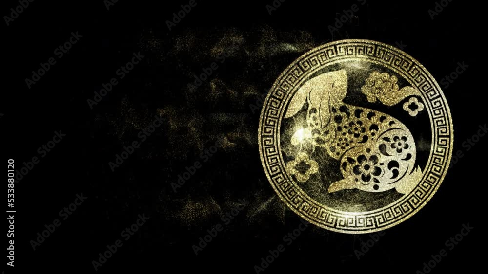 Chinese zodiac year of the Rabbit 2023 astrological sign loop glittering gold particles symbolized fortune and prosperity. Icon with alpha channel ready for overlay