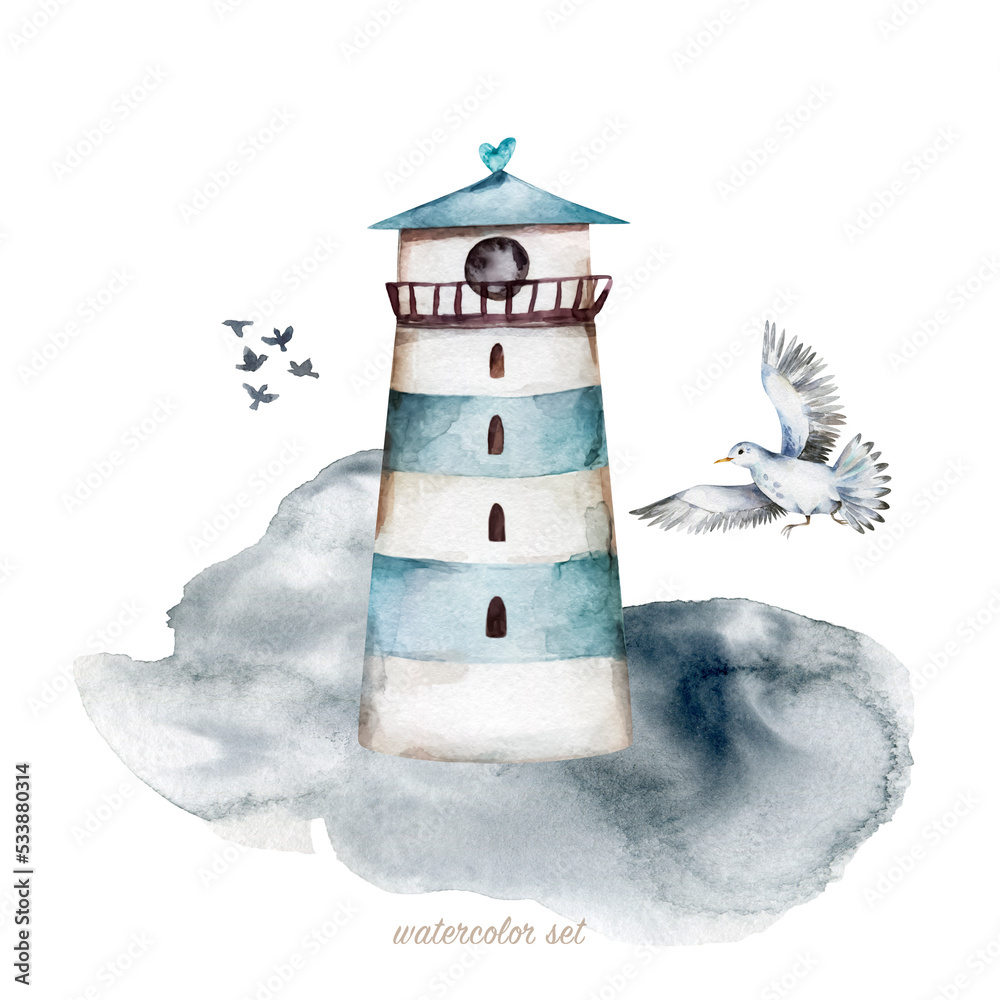 Obraz premium Blue lighthouse watercolor illustration. Flying seagull, symbols of the sea. Maritime navigation