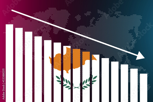 Cyprus bar chart graph, decreasing values, crisis and downgrade concept, news banner idea, fail and decrease