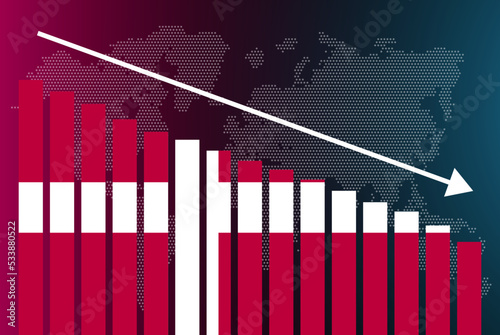 Denmark bar chart graph, decreasing values, crisis and downgrade concept, news banner idea, fail and decrease