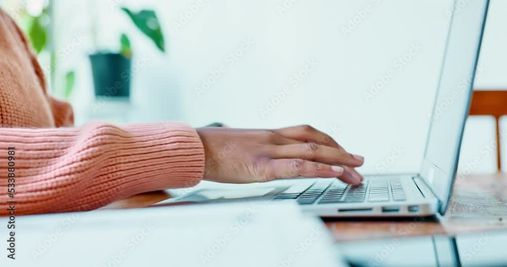 Typing on laptop, woman hands and writing notebook, student online course and elearning class, planning ideas and research while work from home. Computer study, internet and agenda for blog schedule