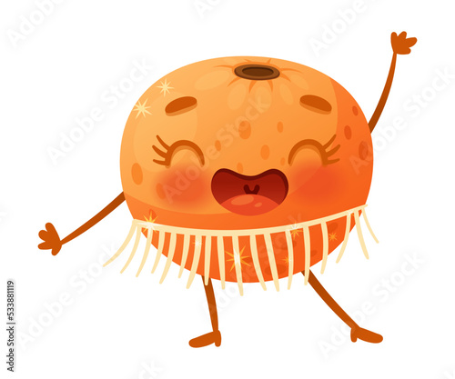 Cartoon Orange Fruit in Skirt Dancing and Cheering Enjoying Summer Season Vector Illustration