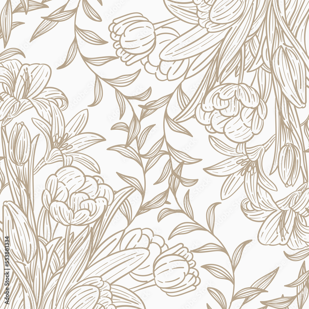 Seamless pattern, hand drawn outline flowers on white background Seamless pattern, hand drawn outline flowers on white background