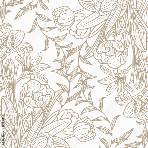 Seamless pattern, hand drawn outline flowers on white background