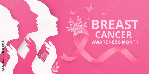 Breast cancer awareness month in October. Realistic pink ribbon butterfly woman face and flower. Poster template. Vector illustration.