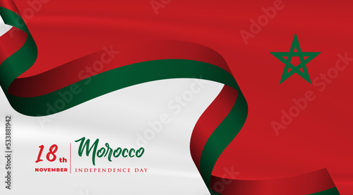 Banner illustration of Morocco independence day celebration with text space. Waving flag and hands clenched. Vector illustration. photo