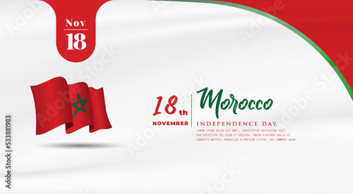 Banner illustration of Morocco independence day celebration with text space. Waving flag and hands clenched. Vector illustration.
