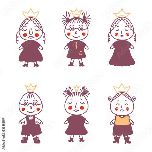 Cute little princes and princesses doodle collection. Perfect for posters, greeting cards, tee, logo and print. Isolated vector illustration for decor and design.