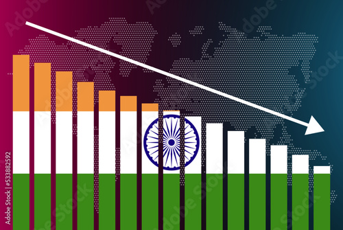 India bar chart graph, decreasing values, crisis and downgrade concept, news banner idea, fail and decrease