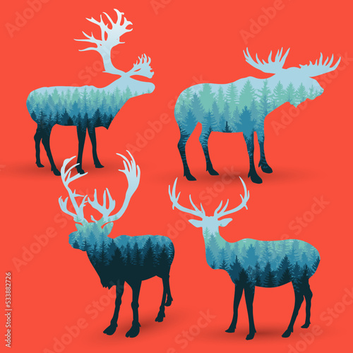 Set of coniferous forest symbol with moose. Vector illustration with deer silhouettes isolated on pink background.