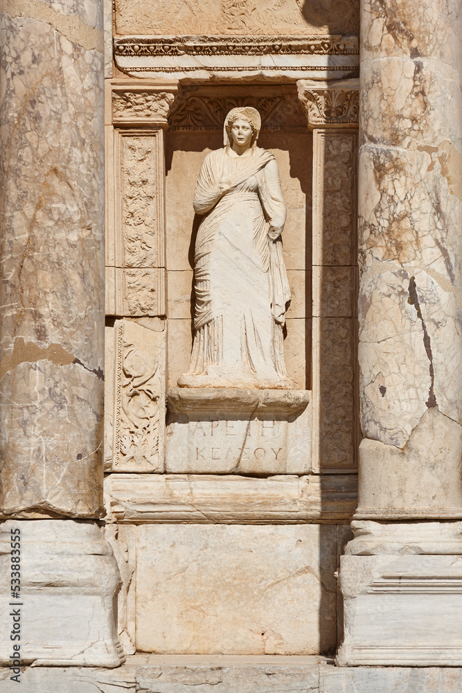 Sculpture of Arete. Celsus library facade. Ephesus archaeology landmark, Turkey