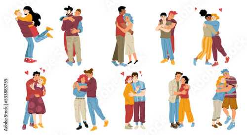Set of people hug, love, homosexual or heterosexual couples embrace. Happy male and female characters hugging, embracing. Family, friends or lovers showing care Cartoon linear flat vector illustration
