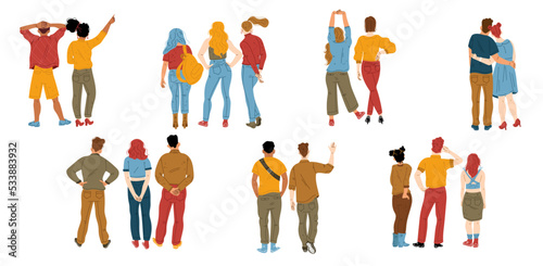 People from behind, male and female characters group rear view isolated on white background. Abstract young persons, couples and friends backside position, Cartoon linear flat vector illustration, set