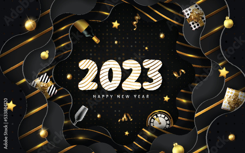 Happy new year background with gifts box, clock, wine, stars and confetti. Black Background