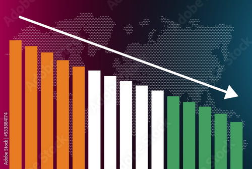 Ivory Coast bar chart graph, decreasing values, crisis and downgrade concept, news banner idea, fail and decrease