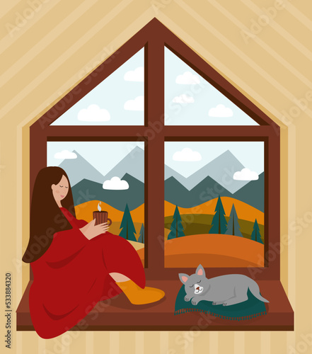 Vector cozy illustration of a woman with blanket is sitting on windowsill and a cat. Beautiful autumn view from the house window