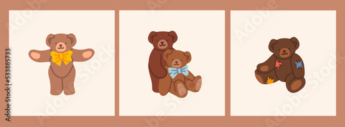 Set of cute Teddy Bears. Various funny characters. Valentines day, love, romance, toy, gift concept. Cartoon style. Hand drawn colorful Vector illustration. Every bear is isolated