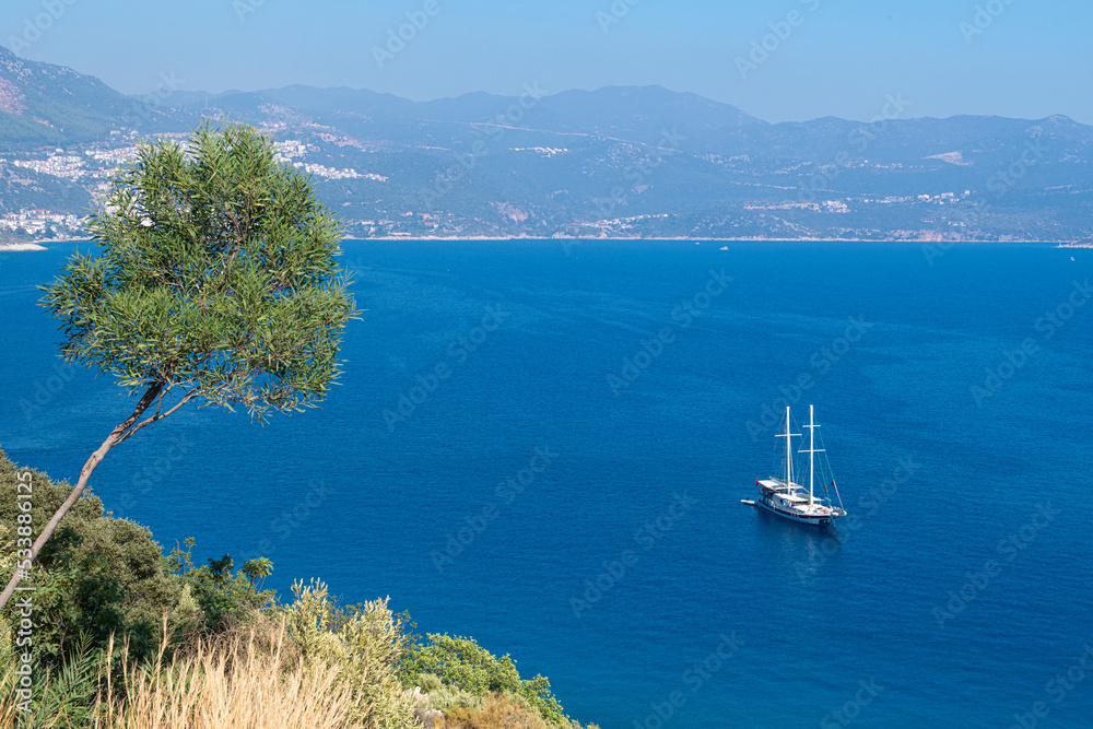 Fototapeta premium Scenes of moored boats in the bays and marinas in Kaş.Beautiful view of the Kaş the small Mediterranean town in Antalya province, Turkey 