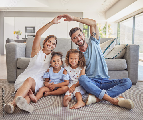 Family roof, children safety and parents with care for kids, love in living room of home and happy people in house together. Portrait of girl siblings with security from mother and father on property