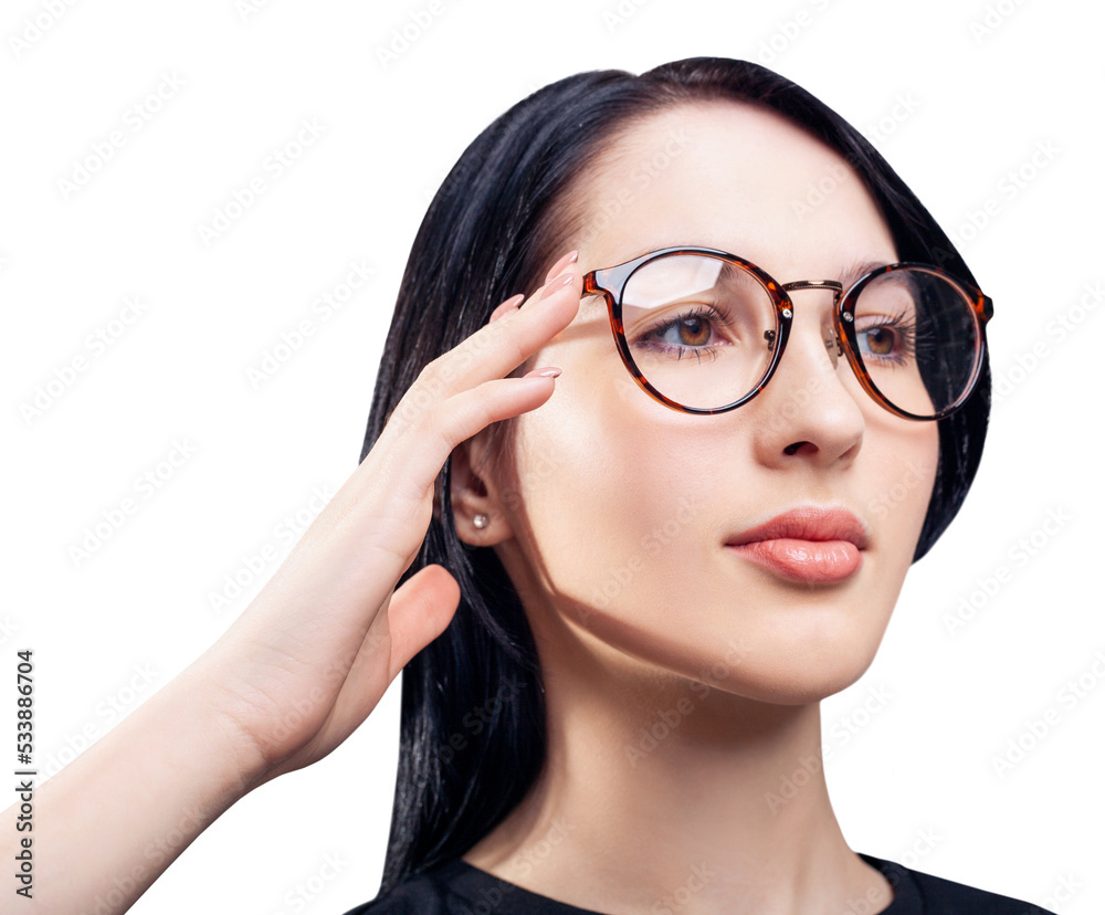 Portrait of a young woman with glasses on face. Portrait of a young woman with glasses on face.