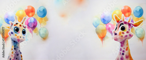Party invitation with balloons and colored giraffes. Banner for happy birthday party.jpg
