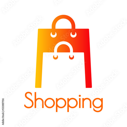 Logotipo con texto Shopping con una bolsa de la compra. Bolsa de la compra en espacio negativo