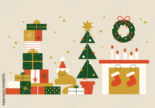 Merry Christmas. Gifts with bows and ribbons, cat, Christmas tree and fireplace with socks, candles. Stack of colorful present gift boxes. Set of wrapped gift boxes