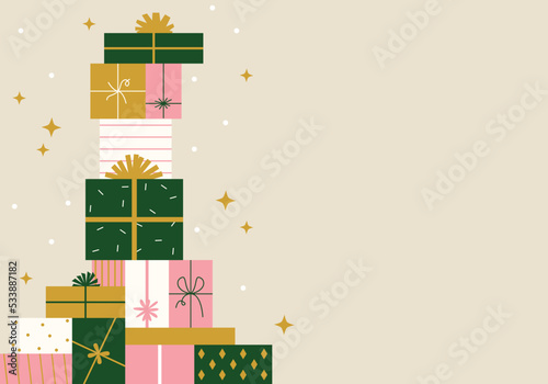 Happy birthday. Merry Christmas. Gifts with bows and ribbons. Stack of colorful present gift boxes. Set of wrapped gift boxes isolated on background. Sale and shopping photo