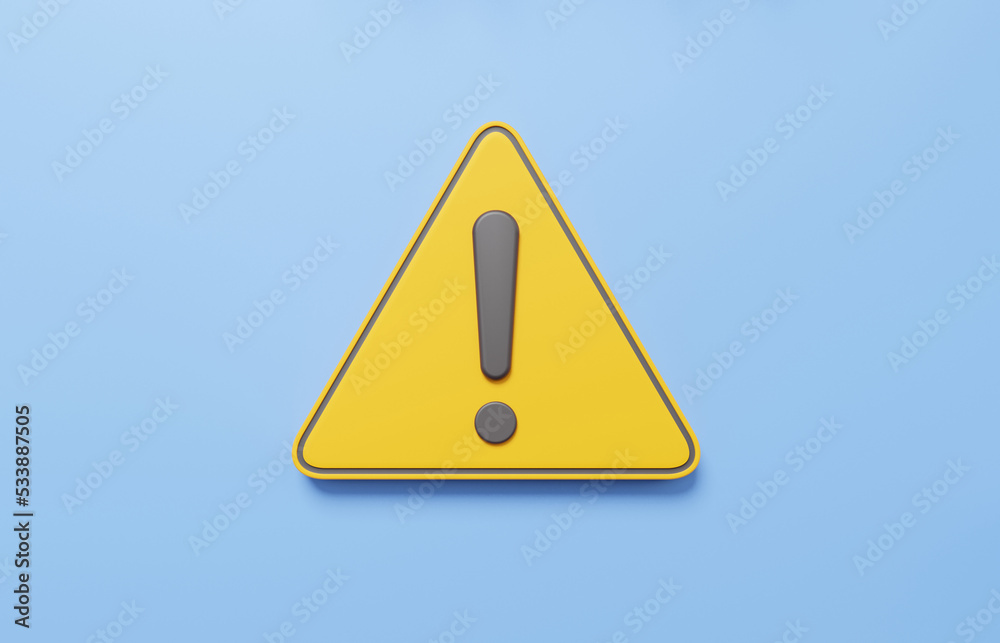 3D yellow triangle warning symbol icon on isolated blue pastel background. error alert safety concept. careful attention, advice help, important, elements. 3d render illustration - obrazy, fototapety, plakaty 