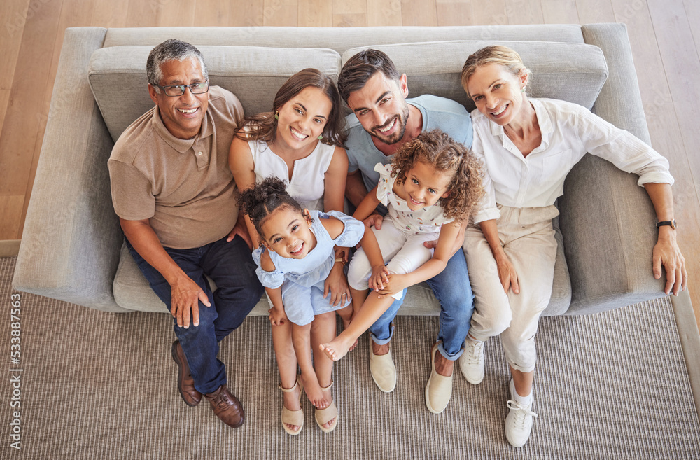 Love, smile and diversity portrait of happy family relax on living room sofa and bonding during annual family reunion above view. Grandparents, parents and children enjoy fun quality time together