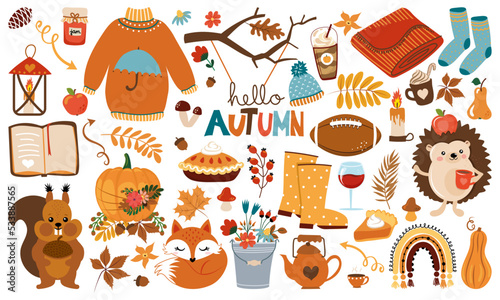Hello Autumn - cute animal characters and garden elements. A scrapbook collection of fall season elements. Cozy sweater, american footbal ball, woodland characters. Fully fall feeling.
