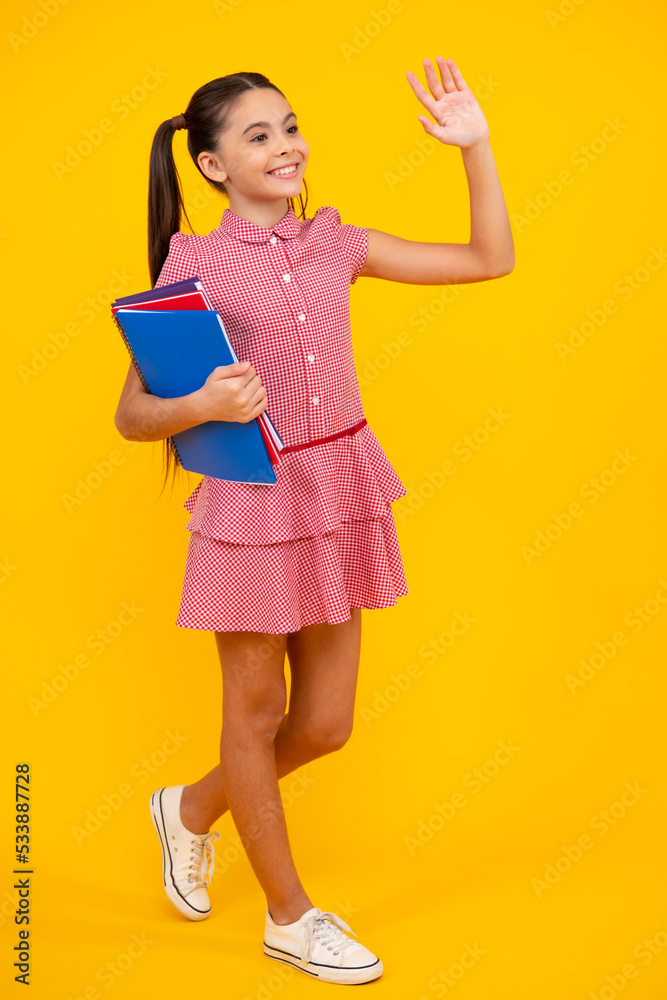 Teenager school girl with books isolated studio background. Happy teenager, positive and smiling emotions of teen girl. Teenager school girl with books isolated studio background. Happy teenager, positive and smiling emotions of teen girl.